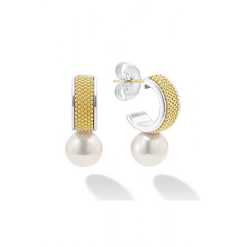 Luna Pearl Half Hoop Earrings in 18K Yellow Gold and Sterling Silver