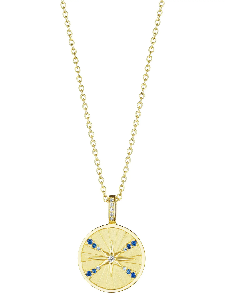 Ombre 0.45ct Diamond and 0.14ct Sapphire Compass Pendant in 18K Yellow Gold, 18" chain