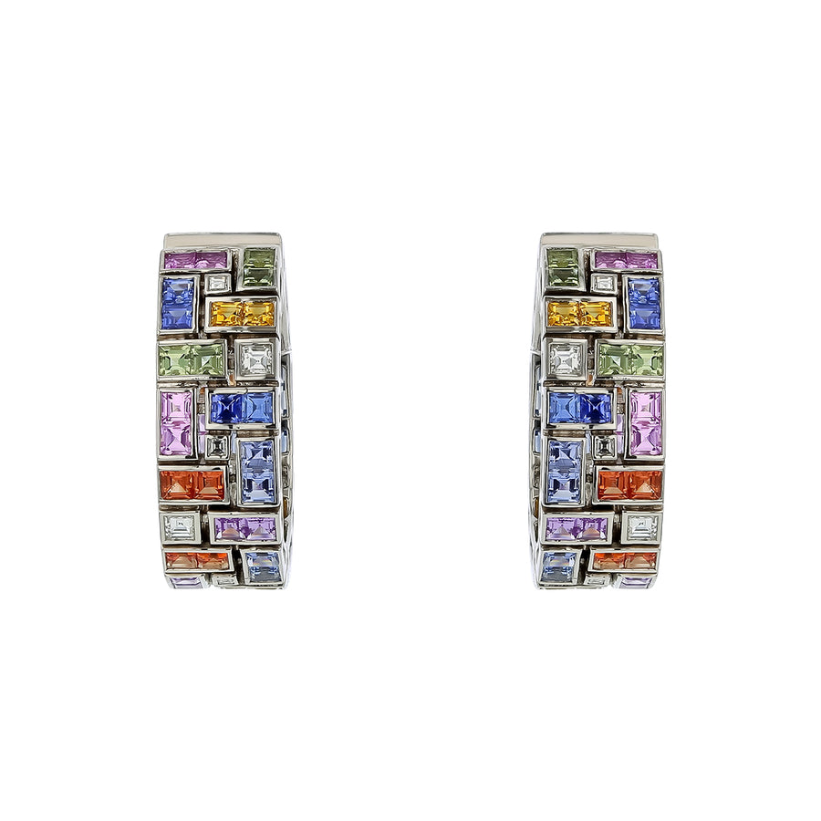 Masterpiece 6.82ct Multi Color French Cut Sapphire and 0.56ct Diamond Hoop Earrings in Platinum