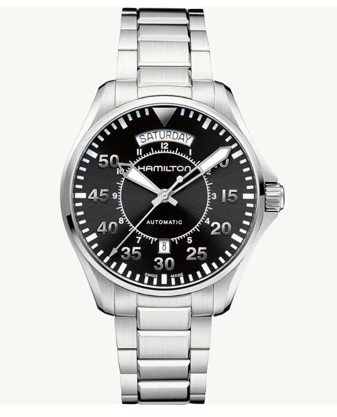42mm Khaki Aviation Pilot Automatic Watch with Black Dial in Stainless Steel, Bracelet