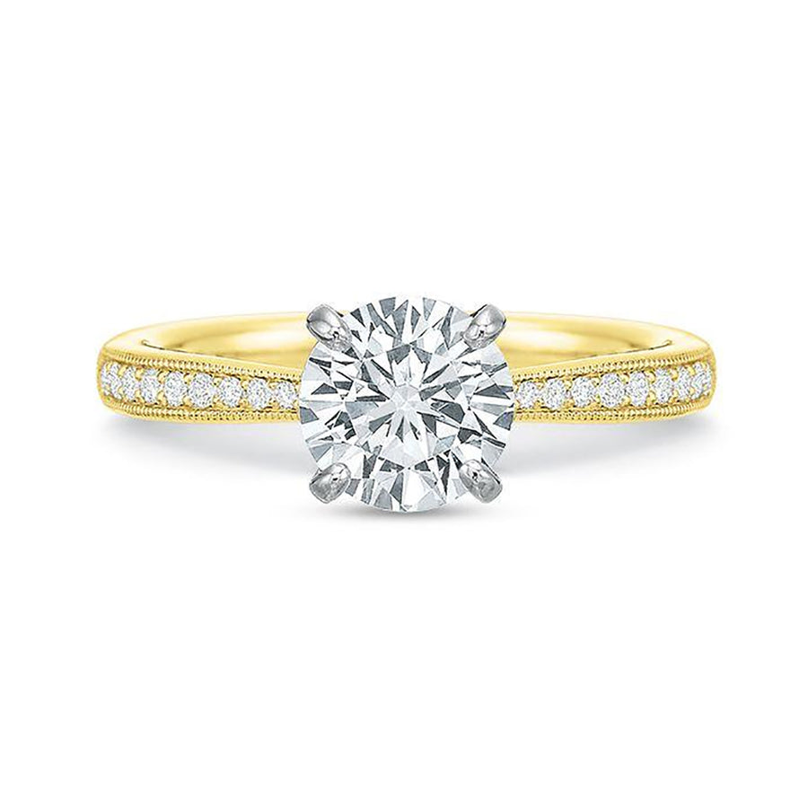 New Aire 0.11ct Diamond 4 Prong Solitaire Semi Mount Ring in 18K Yellow Gold and Platinum with 1.00ct Round CZ Center, Size 6
