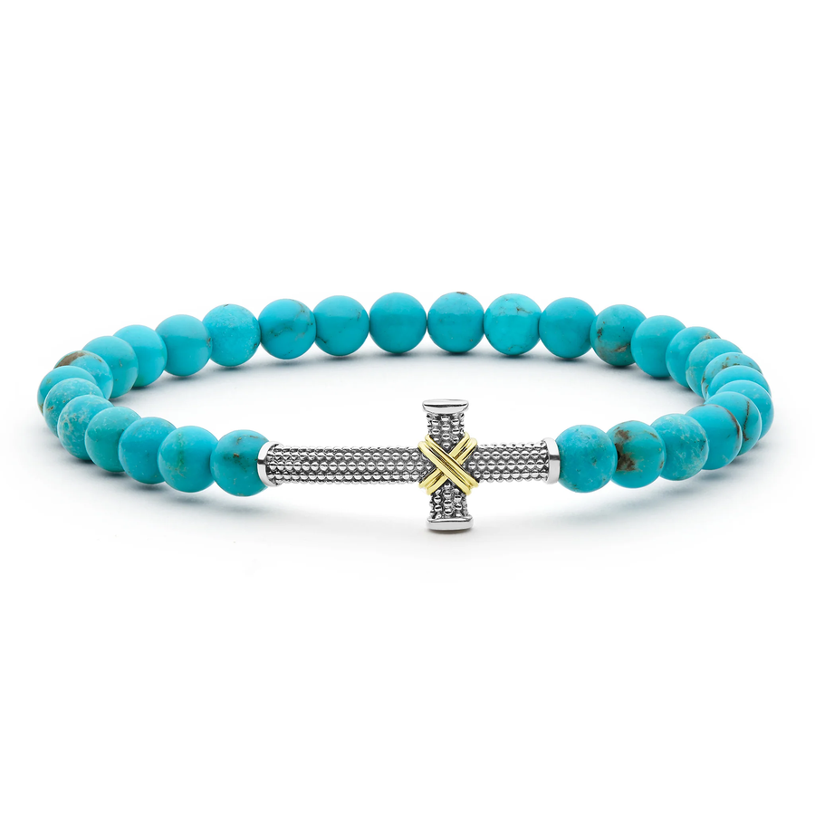 Anthem Turquoise 25mm Cross Stretch Bracelet in Sterling Silver and 18K Yellow Gold, size small