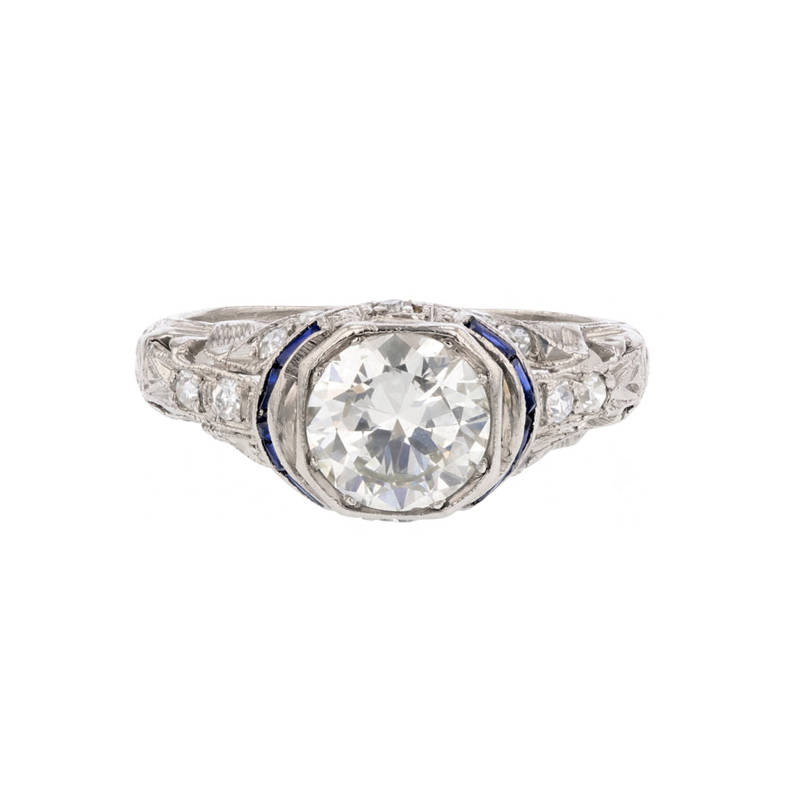 Art Deco 1.00ct Old European Cut Diamond 0.14ct Single Cut Diamond and French Cut Sapphire Ring in Platinum Size 3.75