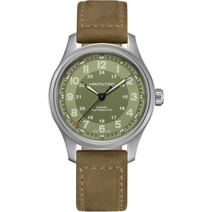 42mm Khaki Field Automatic Watch with Green Dial in Titanium, Strap