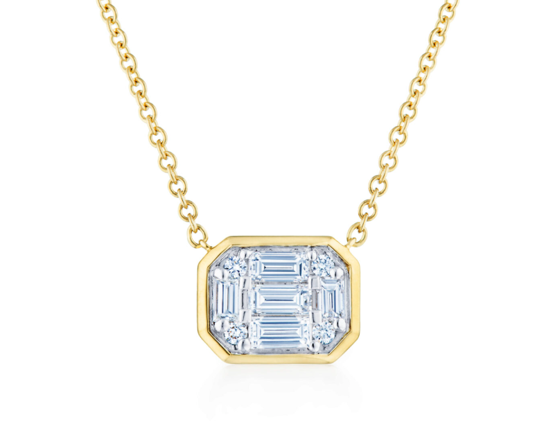Sunburst 0.35ct Diamond Emerald Cut Bezel Pendant in 18K Yellow Gold, 16" chain