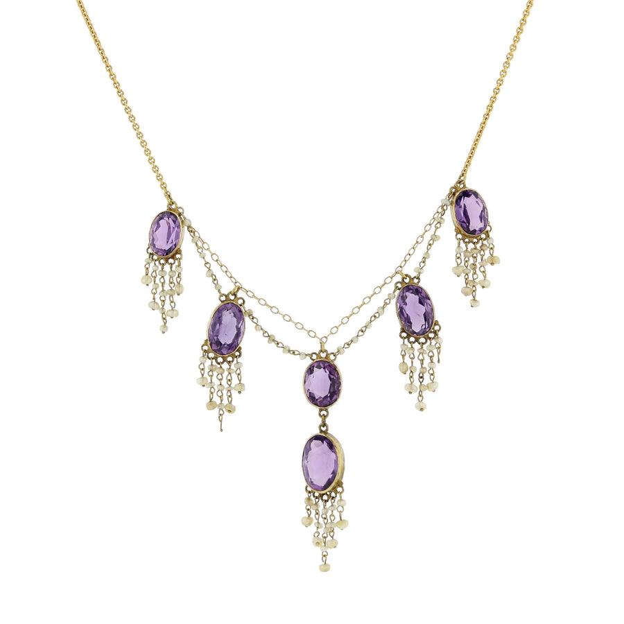 Oval Amethyst and Seed Pearl Necklace in 10K Yellow Gold