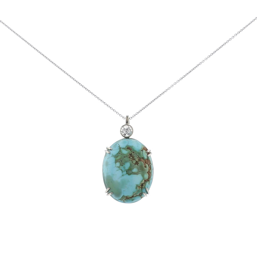 26.00ct Cabochon Turquise and 0.23ct Old European Cut Diamond Pendant in 14K White Gold, 16" chain