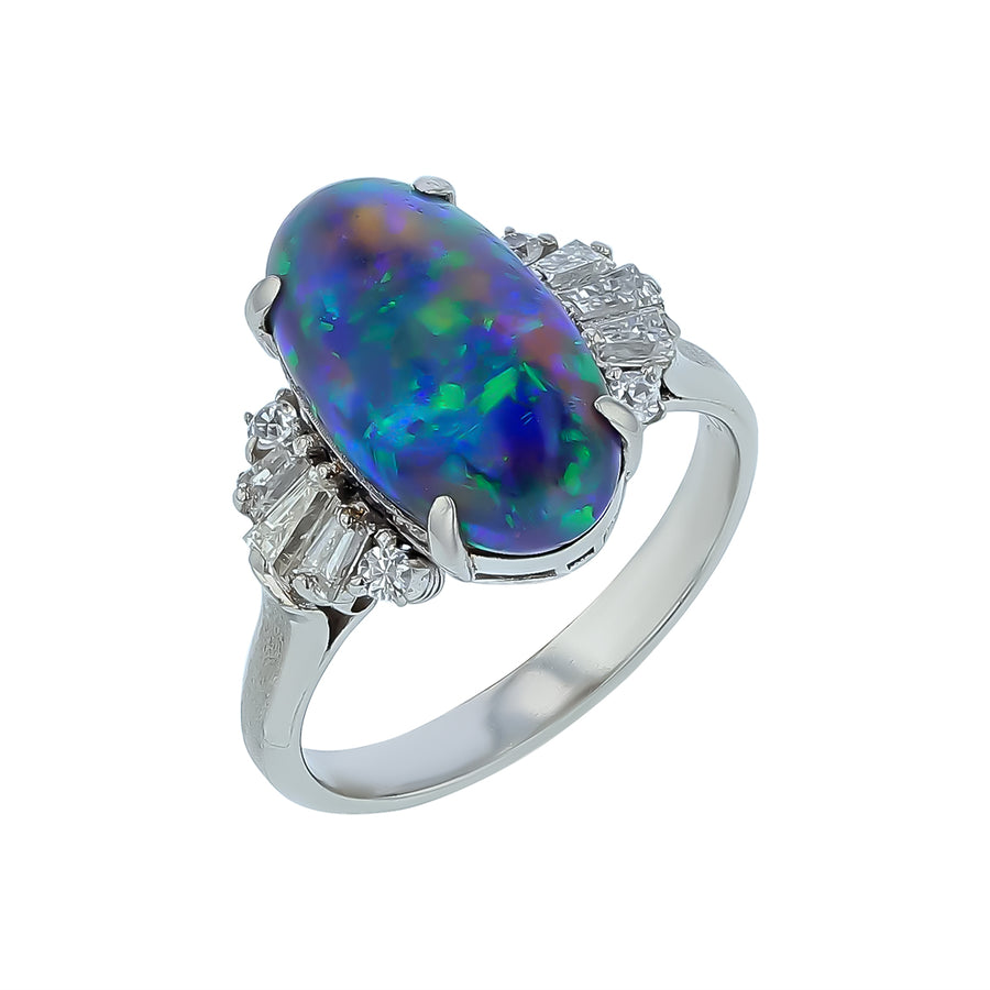 4.00ct Oval Cabochon Lightening Ridge Black Opal and 0.51ct Diamond Ring in Platinum, size 7