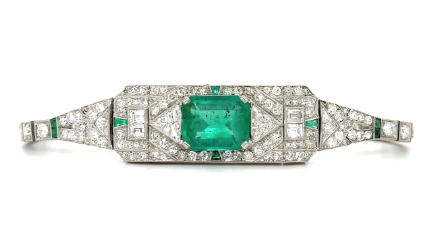 4.46ct Emerald AGL and 5.75ct Diamond Art Deco Bracelet in Platinum, 7.25"