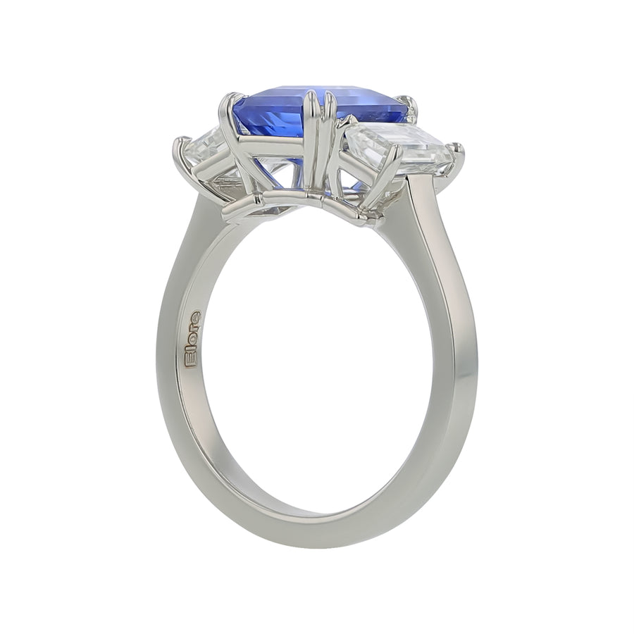 3.03ct Emerald Cut Ceylon Sapphire and 1.40ct Emerald Cut Diamond 3 Stone Ring in Platinum, size 6.5