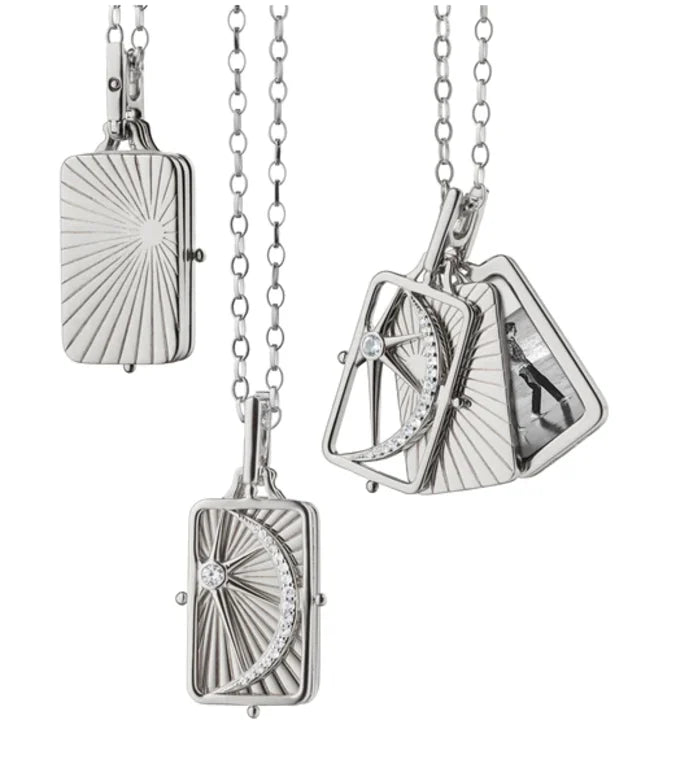 Sun, Moon and Stars White Sapphire Gate Locket in Sterling Silver, 32in