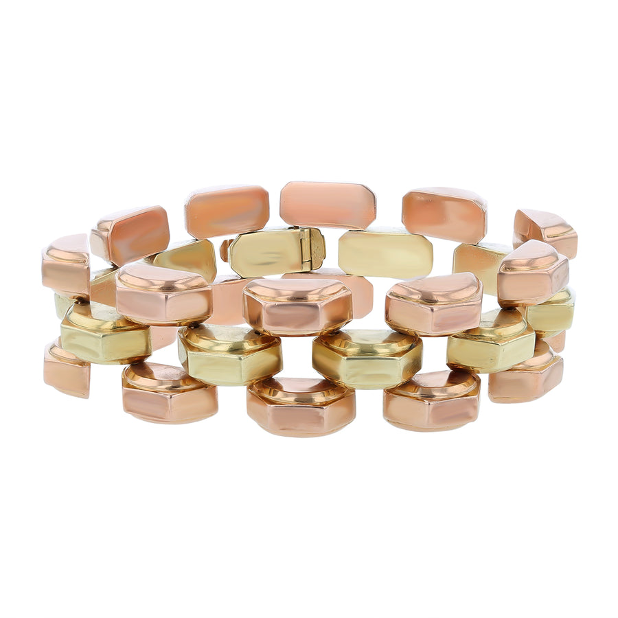 1940's Retro 3 Row Bracelet in 14K Rose and Yellow Gold