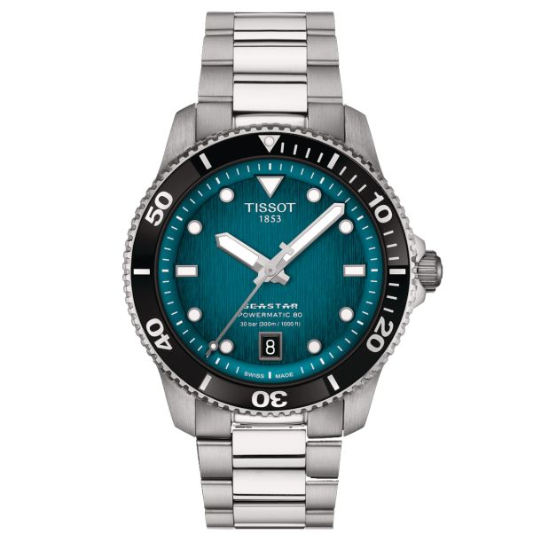 40mm Seastar Powermatic 80 Watch with Graded Turquoise-Black Dial in Stainless Steel, Bracelet