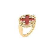 Venetian Princess 5.00ct Red Agate, 5.00ct Mother of Pearl and 0.28ct Diamond Ring in 18K Yellow Gold, Size 6.5