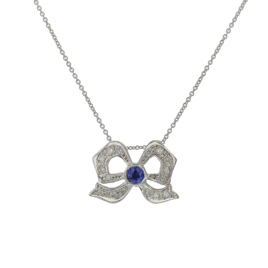 0.08ct Diamond and 0.40ct Sapphire Art Deco Bow Pendant in 14K White Gold, 18" chain