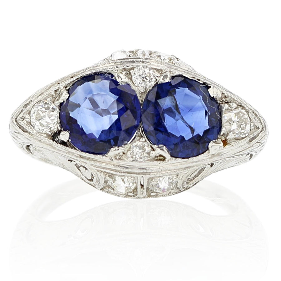 Round Sapphire and Diamond Art Deco Ring in Platinum, Size 6.5