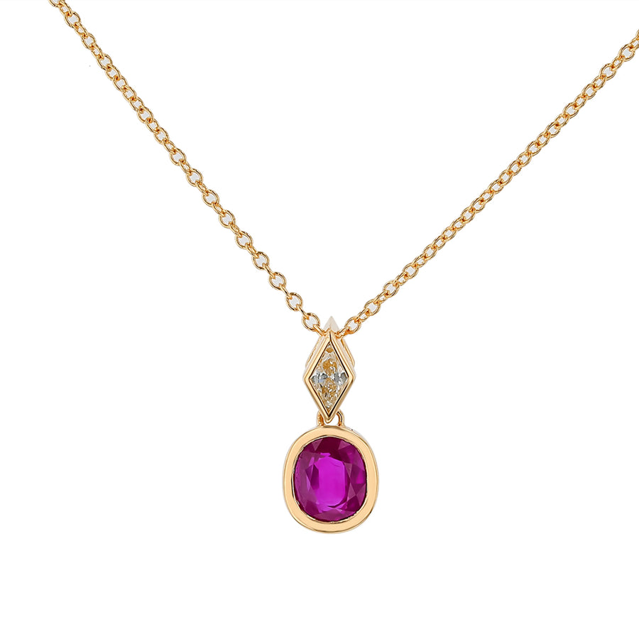 1.38ct Oval Burma Ruby and 0.13ct Diamond Bezel Pendant in 18K Yellow Gold, 18" chain