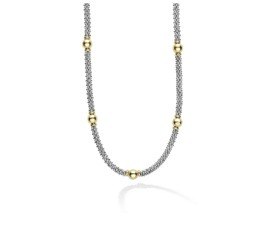 Signature Caviar 3mm 9 Circle Station Rope Necklace in 18K Yellow Gold and Sterling Silver, 18"