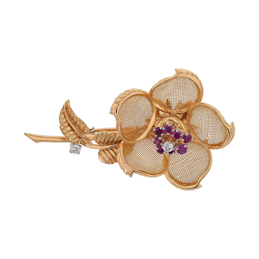 0.13ct Diamond and 0.48ct Ruby Closing and Opening Flower Brooch in 18K Yellow Gold