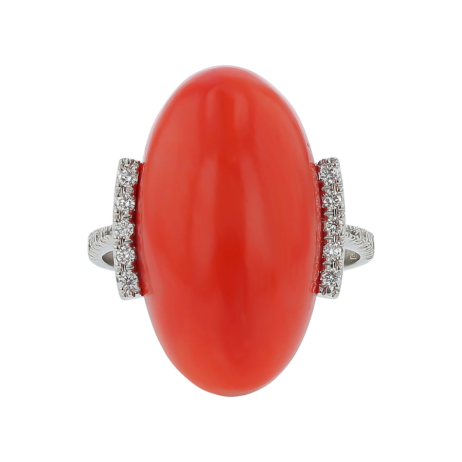 13.10ct Cabochon Coral and 0.13ct Diamond Ring in 18K White Gold Size 6.25