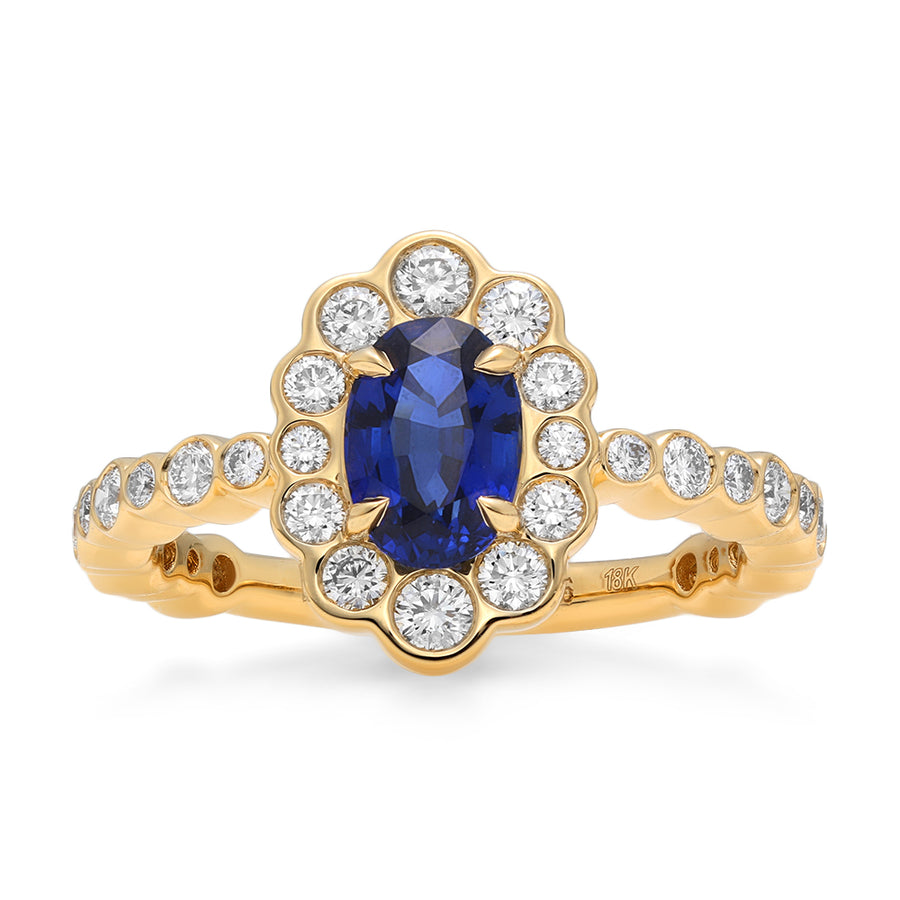 Bubbly Jubilee Sapphire and Diamond Halo Ring in 18K Yellow Gold, Size 6.5