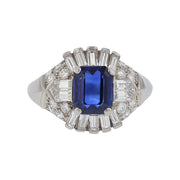 2.49 Royal Blue Sapphire and 1.08ct Bullet Shaped, Baguettes, Round Diamonds Ring in Platinum