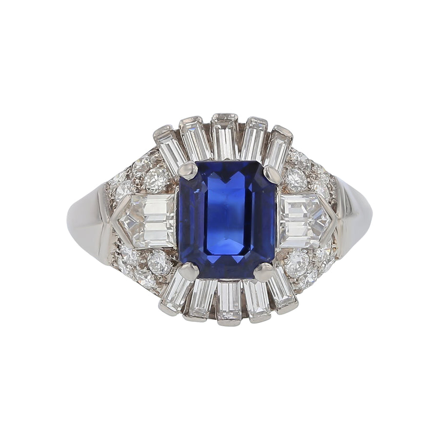 2.49 Royal Blue Sapphire and 1.08ct Bullet Shaped, Baguettes, Round Diamonds Ring in Platinum