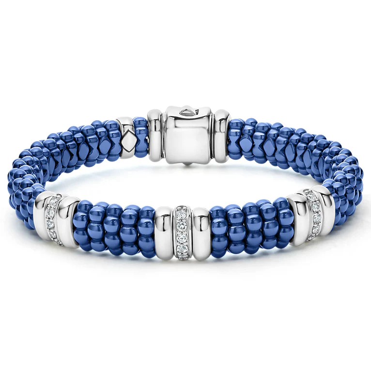 Diamond Blue Caviar 3 Station Bracelet in Sterling Silver, 18K Yellow Gold and Ceramic, 7in