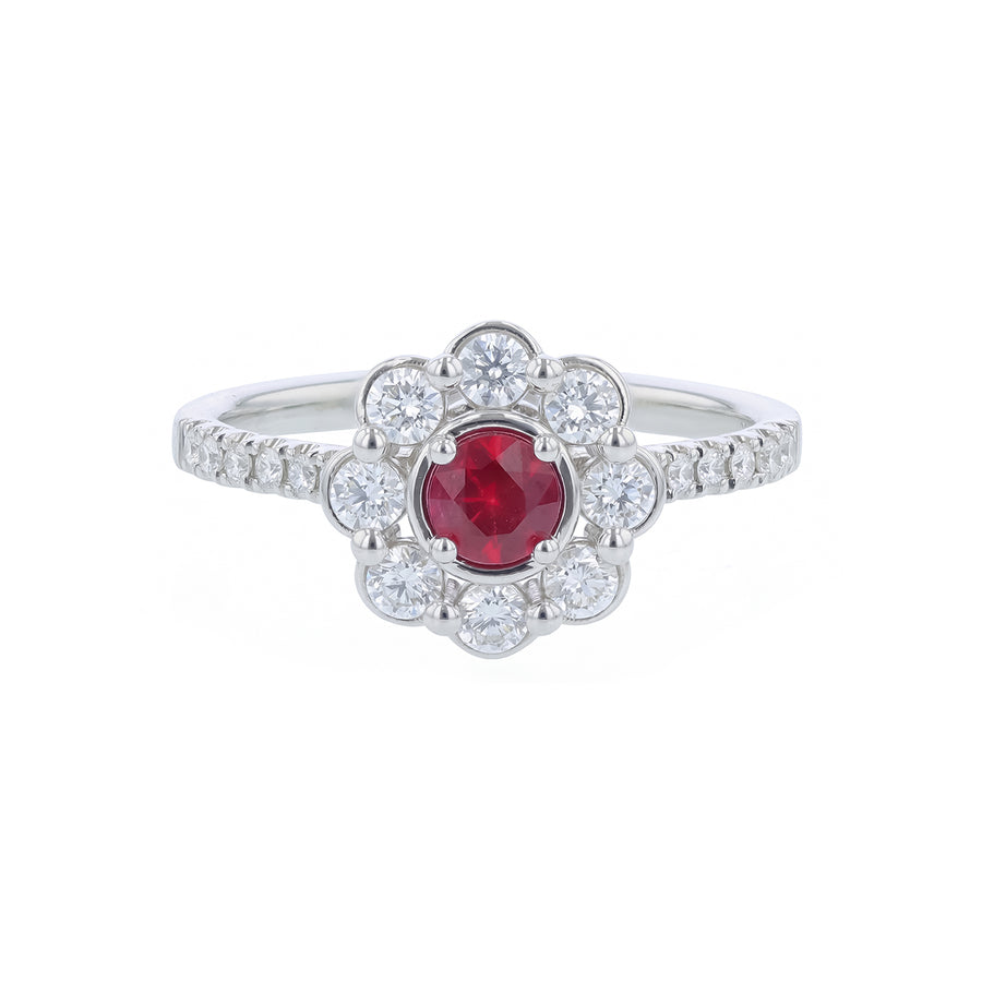 0.29ct Round Ruby and 0.50ct Diamond Halo Ring in 14K White Gold, size 6.5