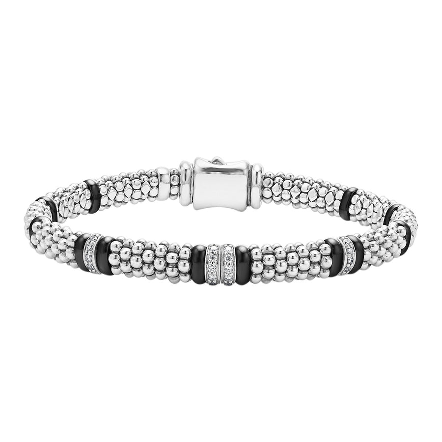 Diamond Black Caviar Rope Bracelet in Sterling Silver and Ceramic, 7in