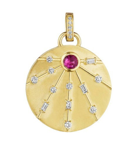 0.45ct Round and Baguette Diamond and 0.35ct Pink Sapphire Energy Pendant in 18K Yellow Gold, without chain