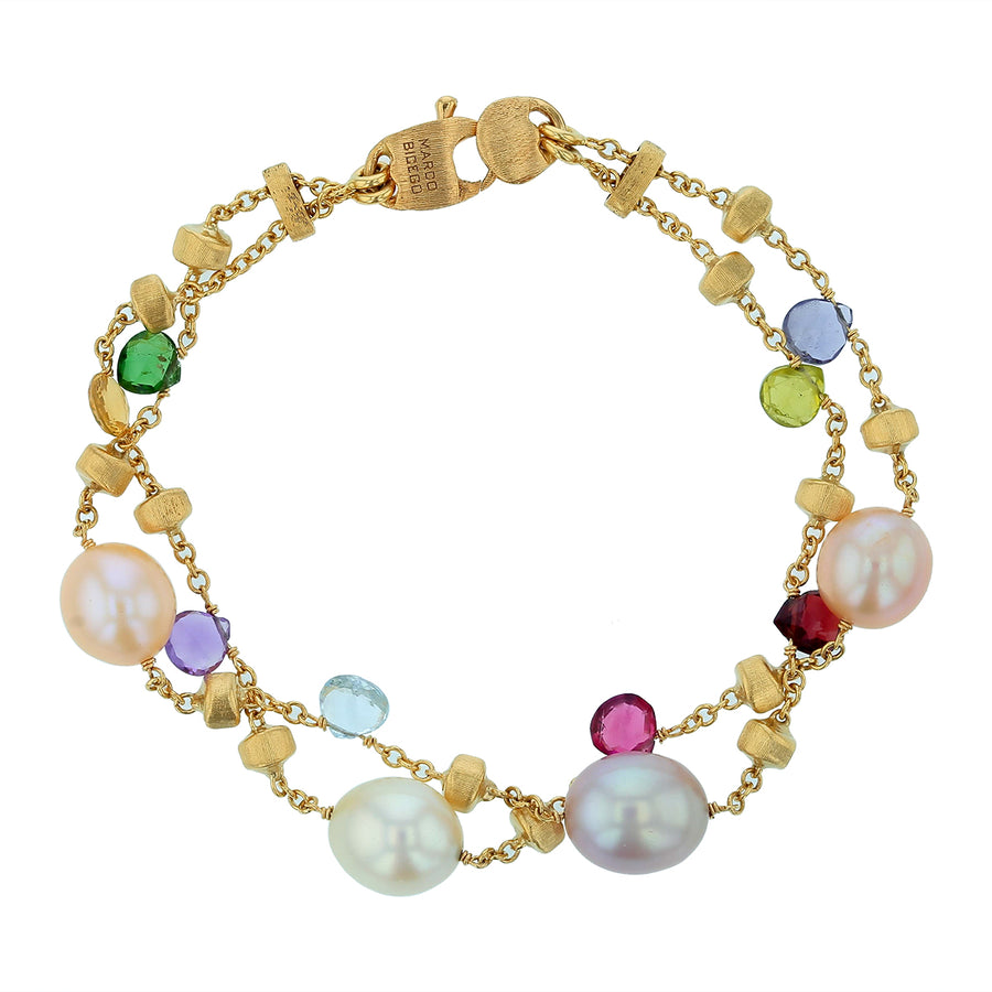 Marco Bicego Fresh Water Pearl, Amethyst, Tourmaline, Peridot, and Garnet 2 Row Bracelet in 18K Yellow Gold, 7.5"