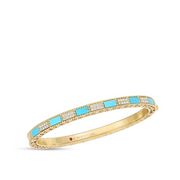 Mosaic Round Diamond Rectangular Turquoise Bangle in 18K Yellow Gold