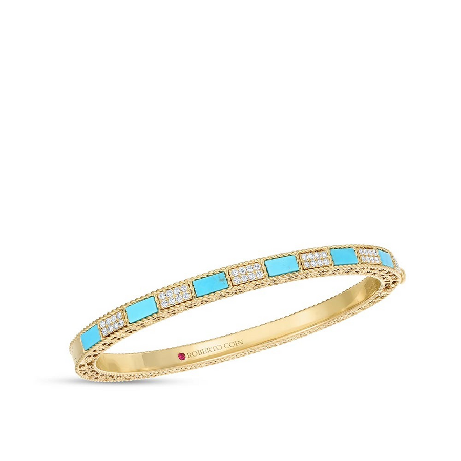 Mosaic Round Diamond Rectangular Turquoise Bangle in 18K Yellow Gold