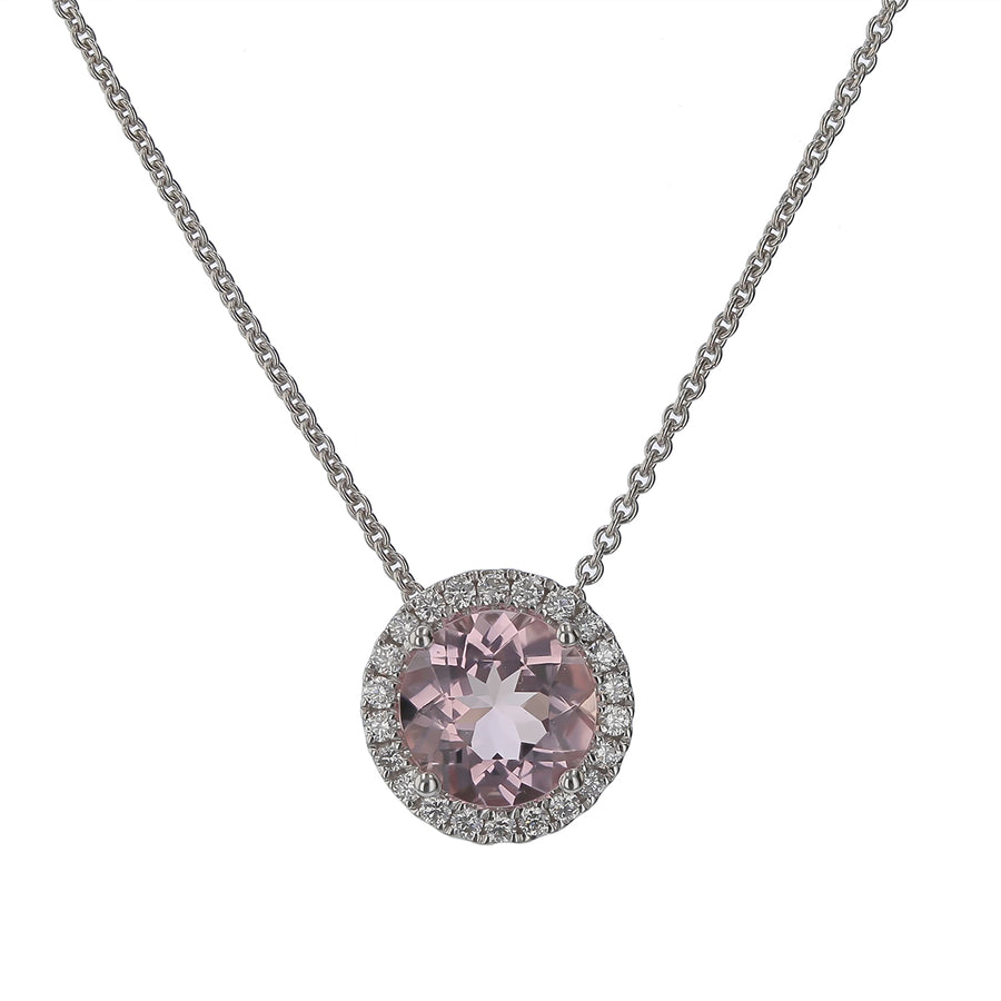 1.38ct Morganite and 0.18ct Diamond Halo Pendant on Chain in 18K White Gold, 18inch