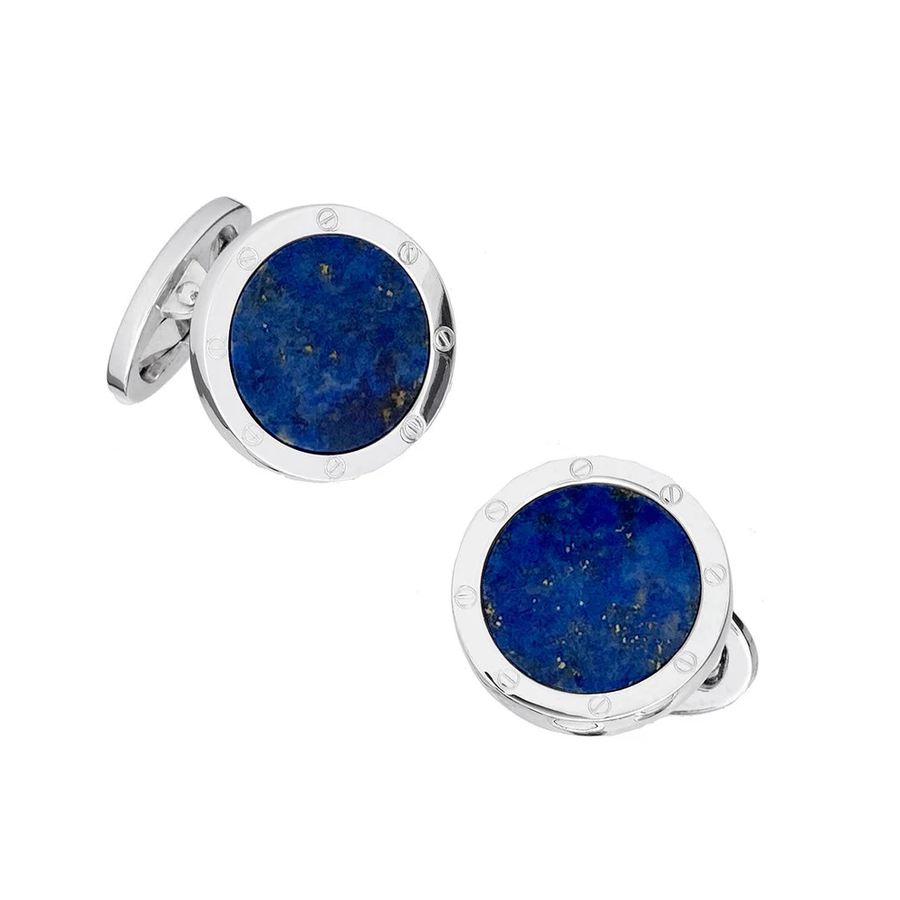 Rivet Etch Round Lapis Cufflinks in Sterling Silver