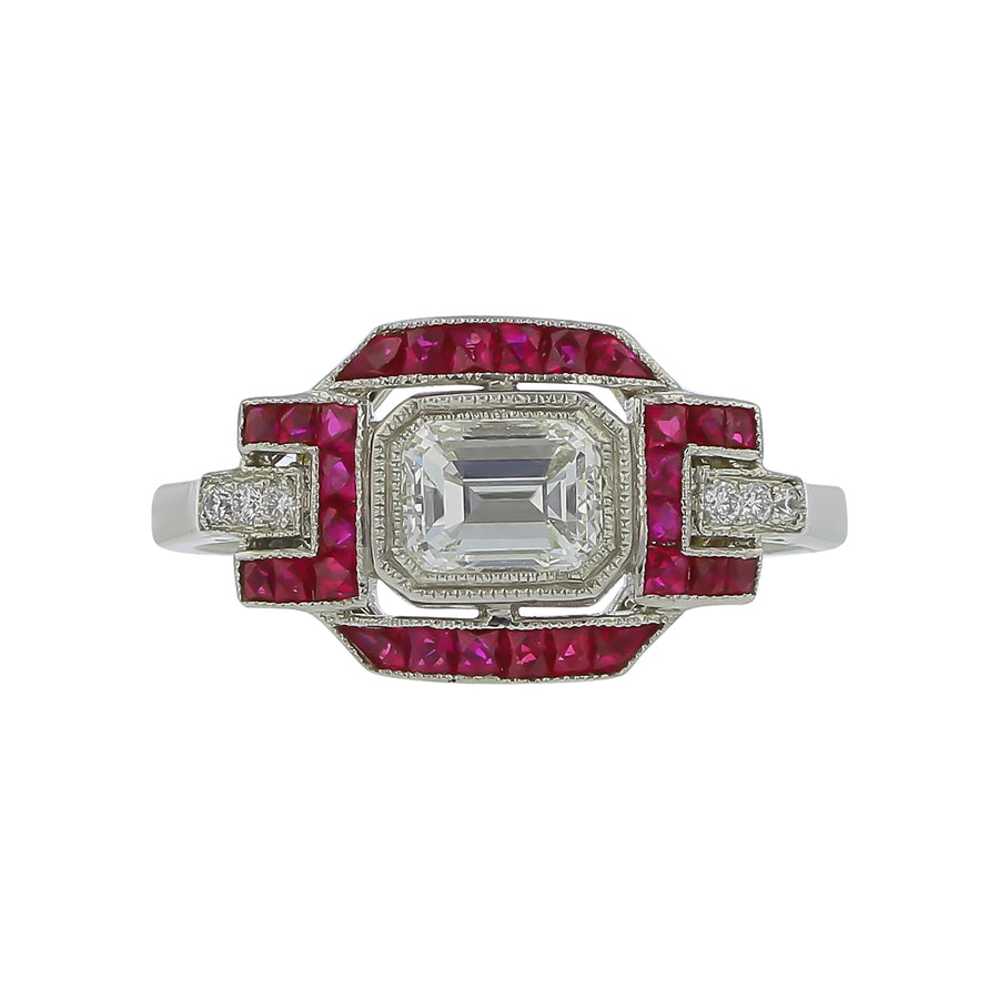 0.70ct Emerald Cut Diamond 0.45ct Ruby and 0.05ct Diamond Ring in Platinum, Size 6.5