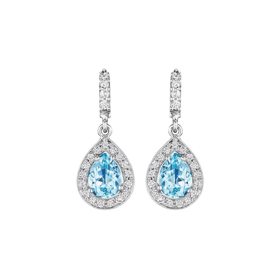 0.54ct Diamond and 2.00ct Aquamarine Halo Drop Earrings in 18K White Gold