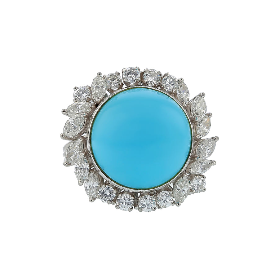 14.06ct Cabochon Turquoise and 1.83ct Marquise and Round Diamond Ring in Platinum, Size 5.5