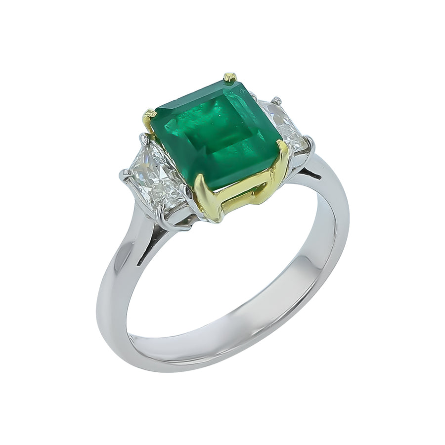 2.32ct Emerald and 0.76ct Diamond 3 Stone Ring in Platinum with 18K Yellow Gold, size 6.5