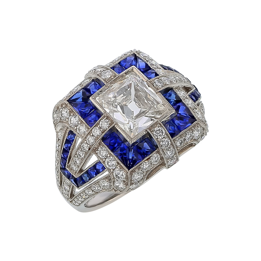 1.34ct Princess Cut Center Diamond, 0.87ct FC Diamond and 2.75ct Sapphire Square Ring in Platinum, size 6.75