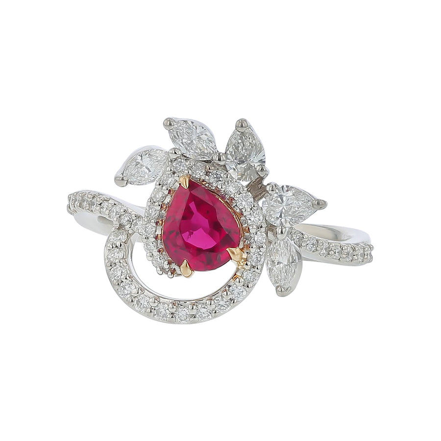 0.64ct Pear Pidgeon Blood Ruby 0.64ct Marquise Pear and Round Diamonds Freeform Ring in Platinum