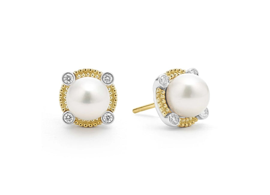 Luna 0.14ct Diamond and 7mm Pearl Stud Earrings in 18K Yellow Gold and Sterling Silver