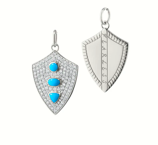 1.34ct White Sapphire and 0.67ct Cabochon Turquoise "Fearless" Shield Charm in Sterling Silver, without chain