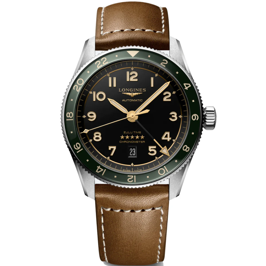 42mm Longines Spirit Zulu Time Watch with Black Dial in Stainless Steel, Leather Strap