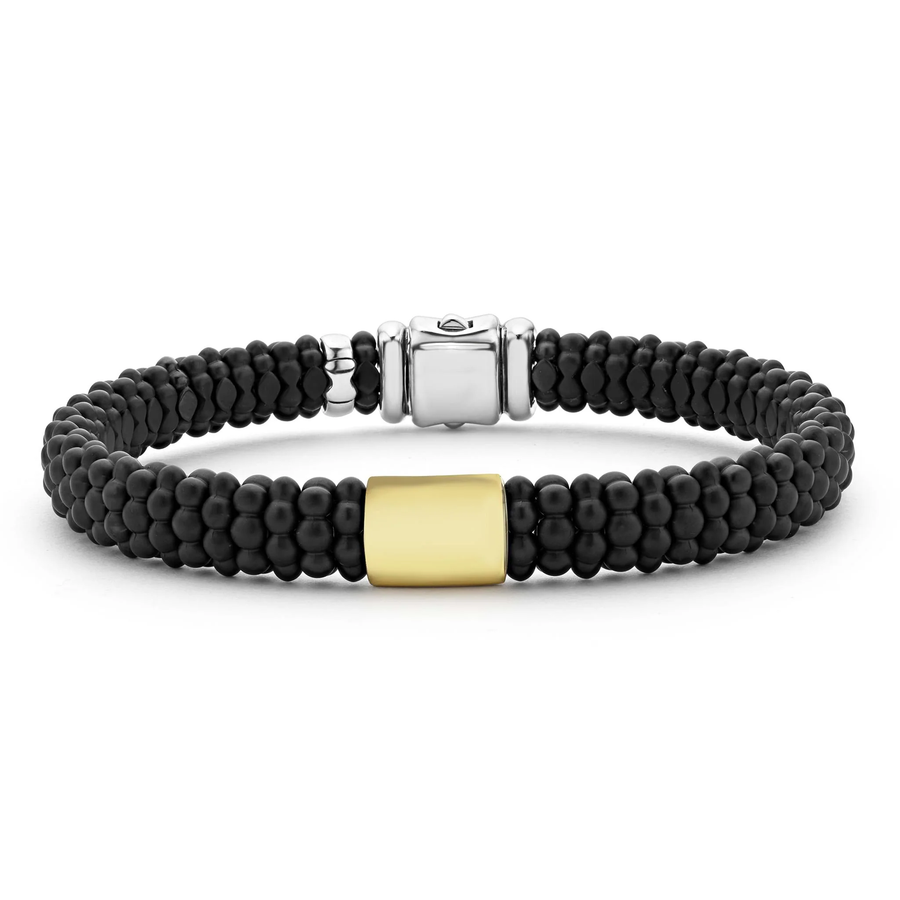Black Caviar 1 Station Rope Bracelet in 18K Yellow Gold Sterling Silver and Matte Ceramic, Size 7.5