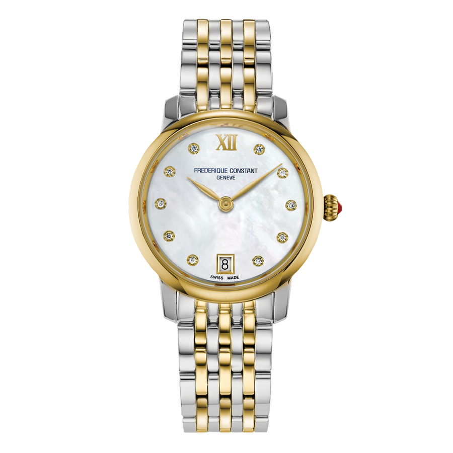 30mm Classics Slimline Quartz Watch with Mother of Pearl Dial in Stainless Steel and Yellow Gold PVD, Bracelet