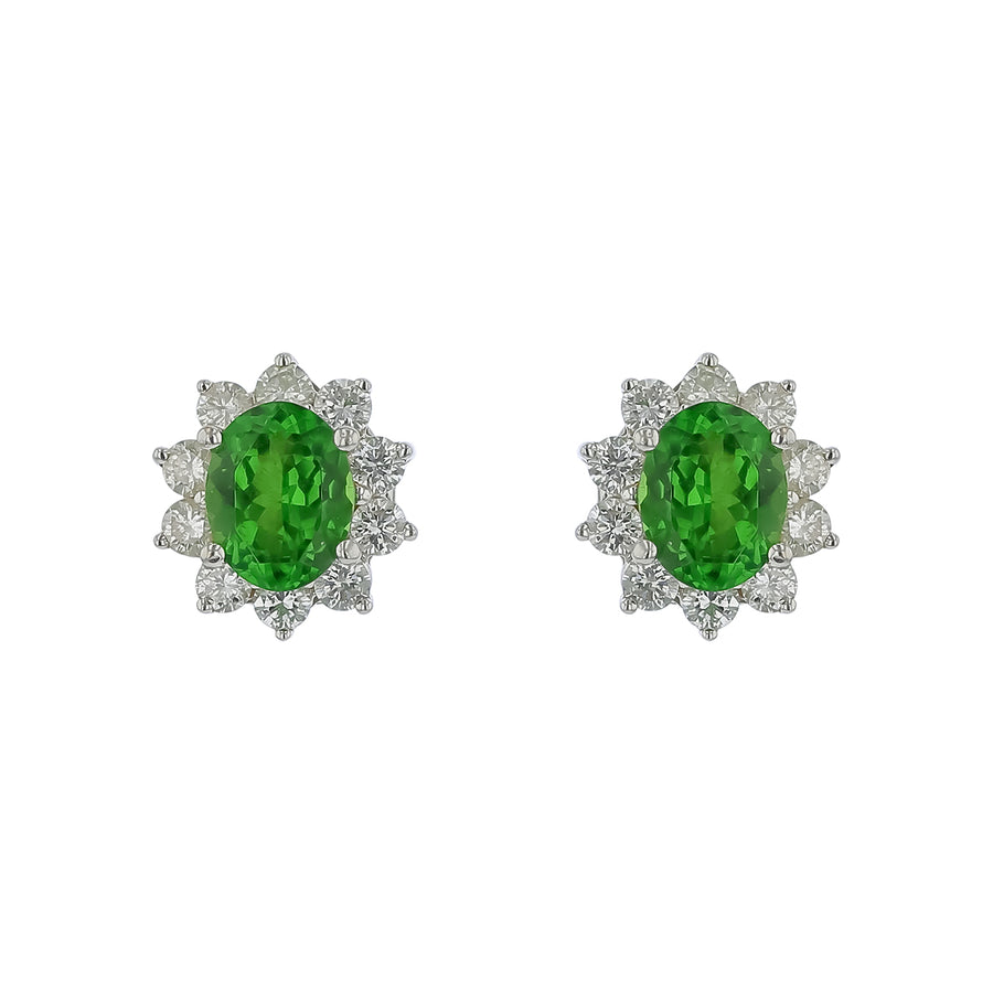 2.11ct Oval Tsavorite and 0.83ct Diamond Halo Stud Earrings in 18K White Gold