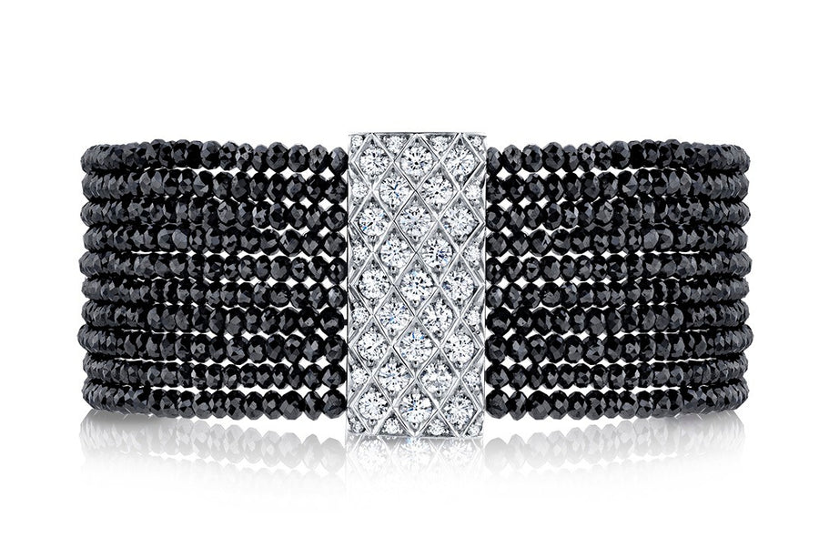 Criss Cross Artisan Pave 60.32ct Black Diamond Beads and 1.06ct Diamond Pave Stripe Bracelet in 18K White Gold