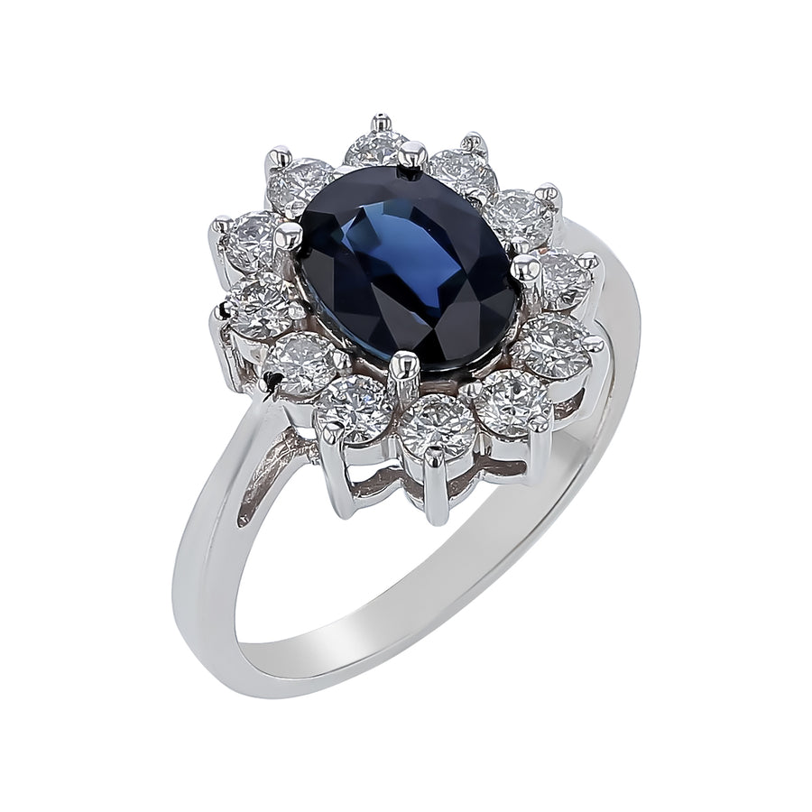 2.08ct Dark Blue Oval Sapphire and 0.84ct Diamond Halo Ring in 14K White Gold, size 7